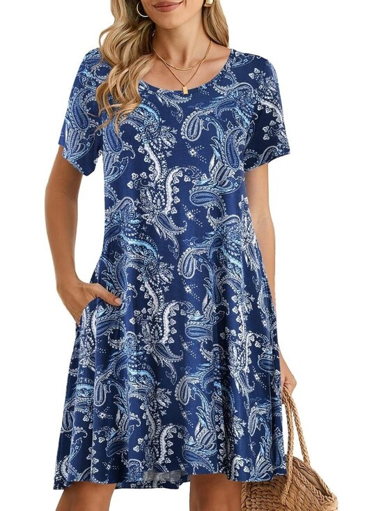 Dresses & Skirts - Women's Flower Casual Loose Swing Tunic Short Sleeve Sun Mini Shirt Dress